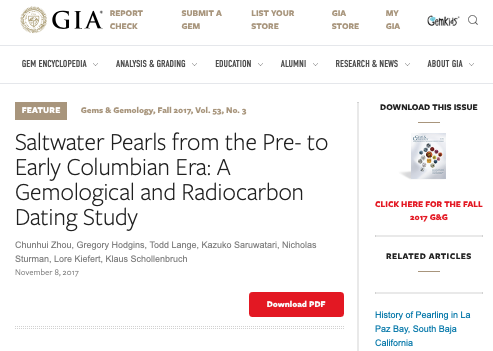Screenshot of a webpage from GIA's Gem Encyclopedia featuring an article titled 'Saltwater Pearls from the Pre- to Early Columbian Era: A Gemological and Radiocarbon Dating Study' by Chenhui Zhou and colleagues, published on November 8, 2017.