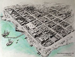 A black and white sketch of a coastal city with grid-like streets, buildings, and a waterfront area with boats docked.
