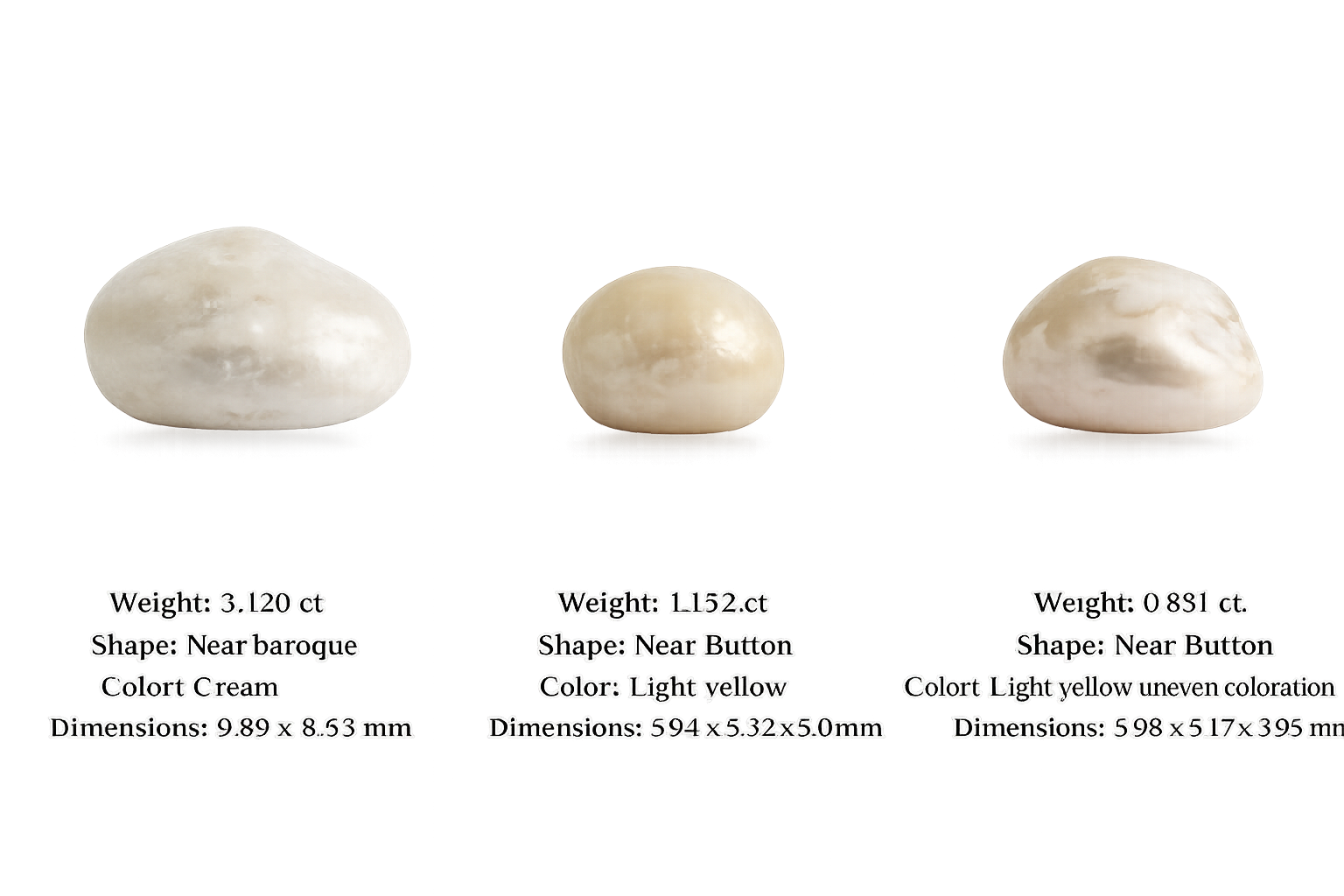 Three pearls of different sizes with descriptions: the first pearl is a large, near baroque-shaped, light cream pearl weighing 3.120 carats; the second pearl is a medium-sized, near button-shaped, light yellow pearl weighing 1.152 carats; the third pearl is a small, near button-shaped, light yellow pearl with uneven coloration weighing 0.851 carats.