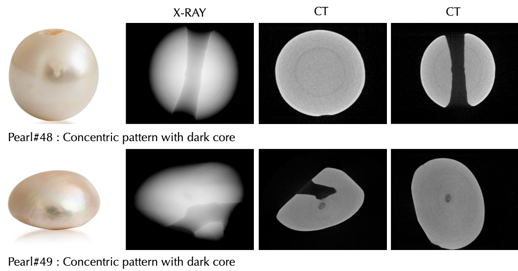 Comparison of two pearls, Pearl #48 and Pearl #49, showing their appearance and imaging results from X-ray and CT scans. Pearl #48 has a concentric pattern with a dark core, while Pearl #49 has a concentric pattern with a dark core as well.