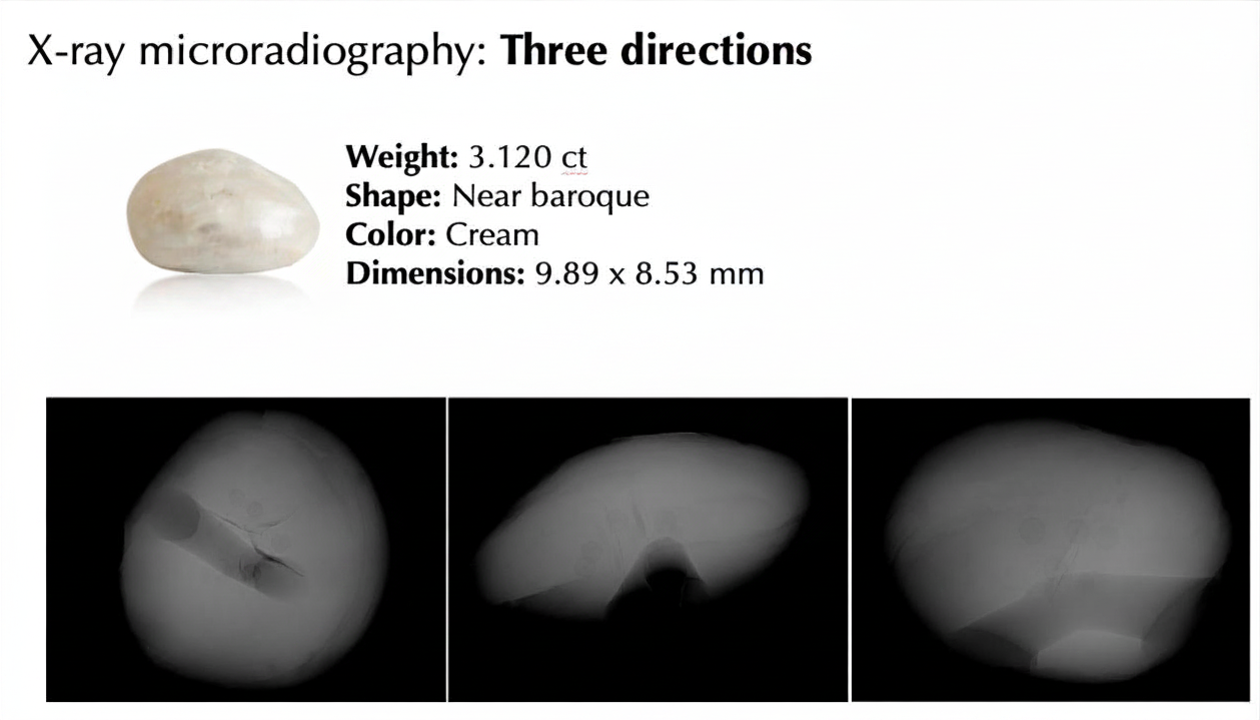 X-ray images of a near baroque-shaped, cream-colored pearl weighing 3.120 carats, with dimensions 9.89 by 8.53 millimeters, showing three different views.