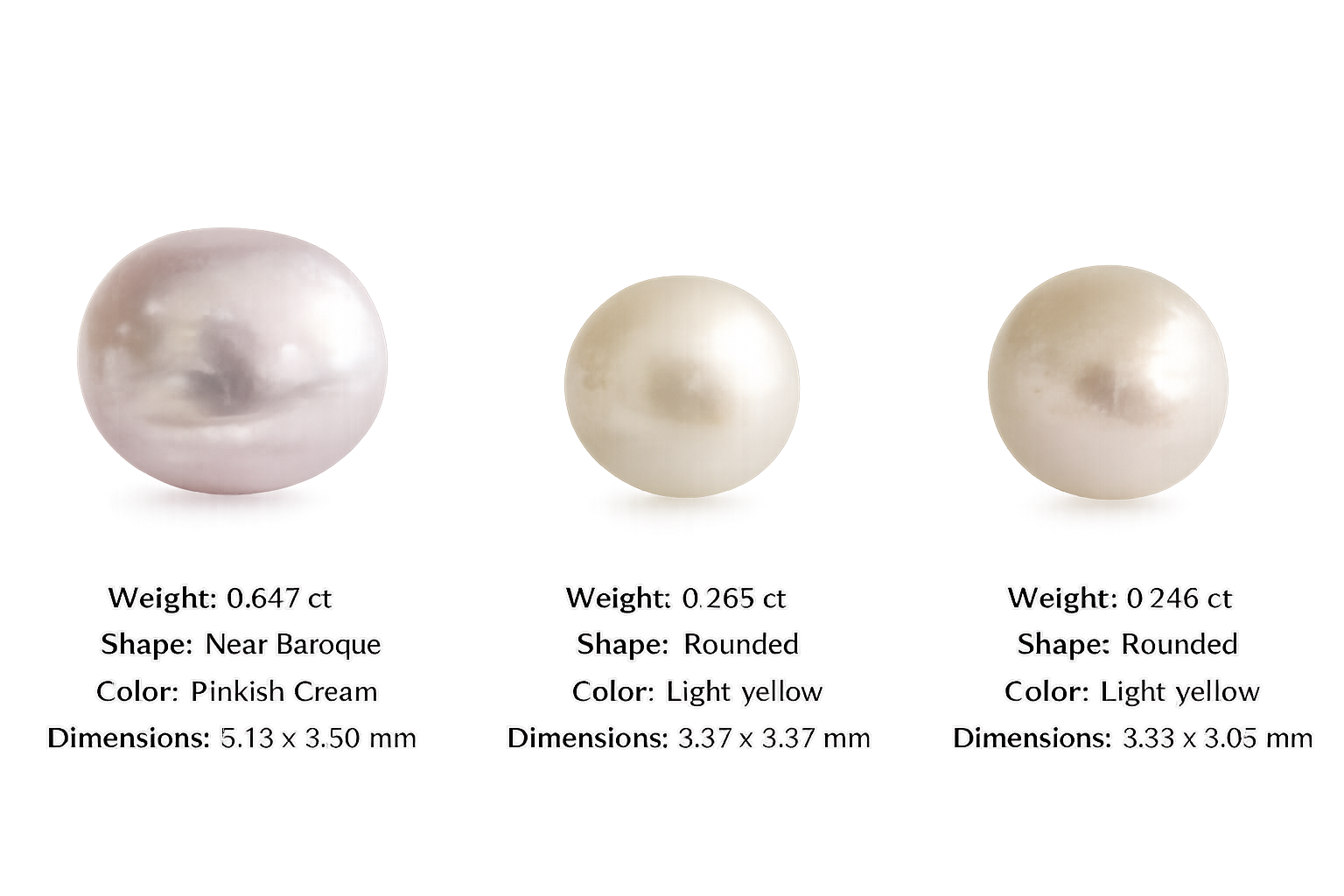 Three pearls with different weights, shapes, and colors shown with their measurements and specifications.