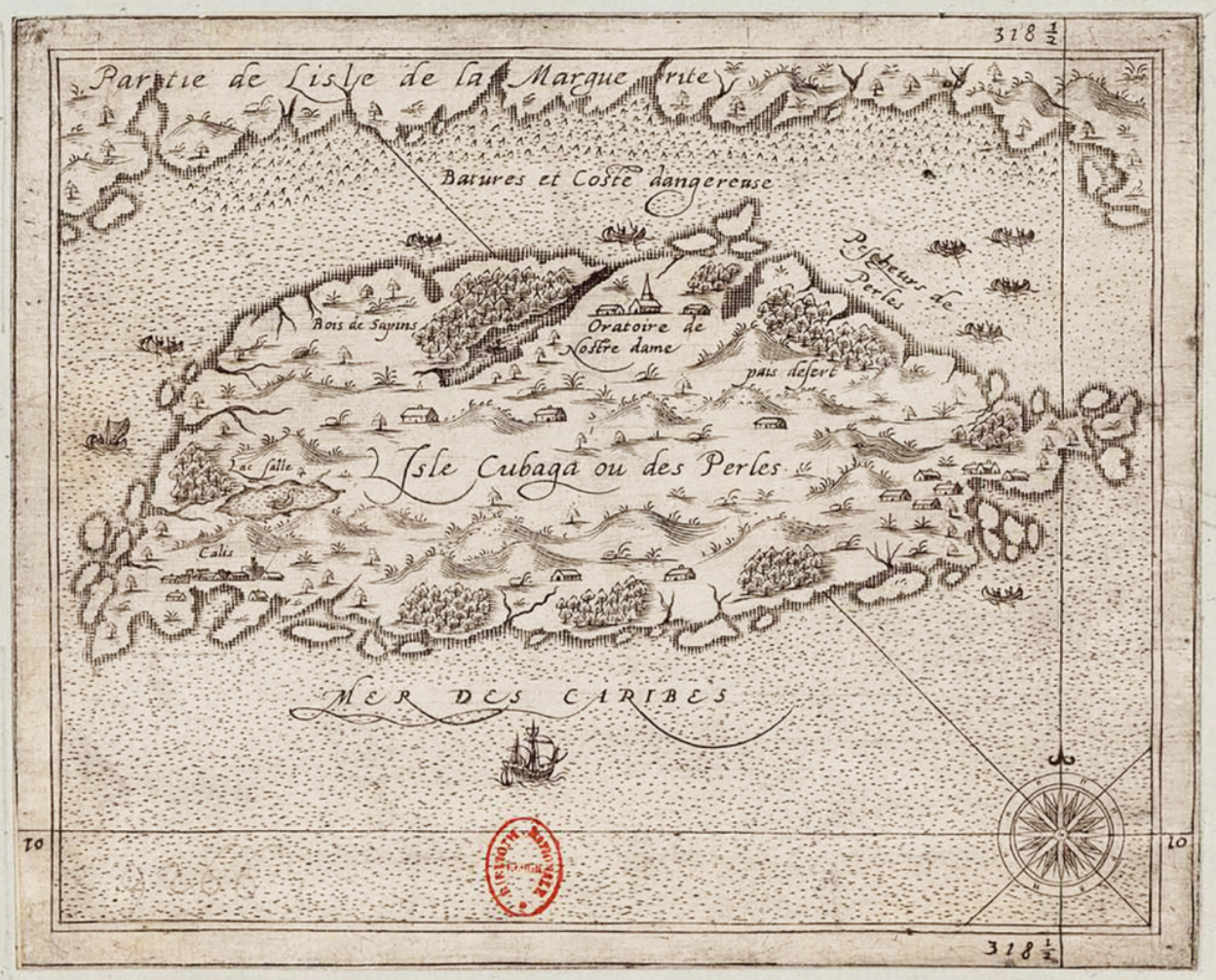 An old, detailed map of the island of Cubagua, also known as Pearl Island, with topographical features, historical sites like an oratory and a cauldron, surrounding waters labeled as the Caribbean Sea, and a compass rose indicating directions.
