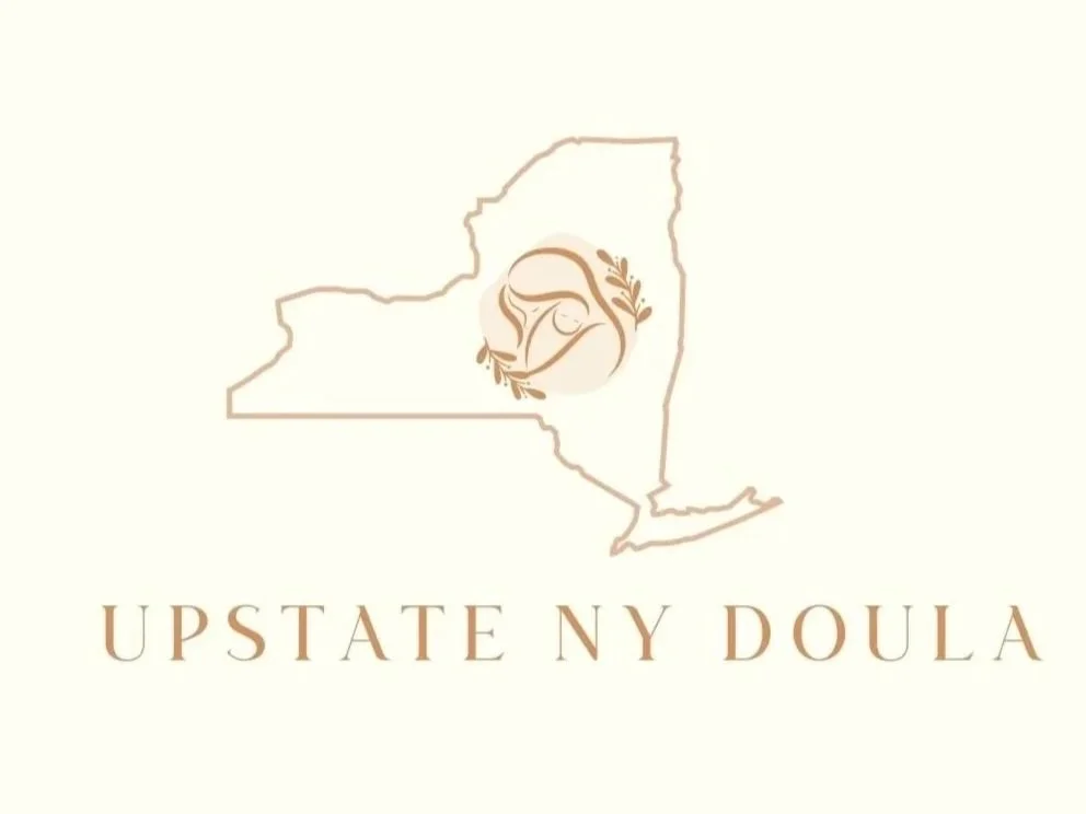 Outline of New York State with a circular logo containing a face and decorative leaves, and the text 'UPSTATE NY DOULA' underneath.