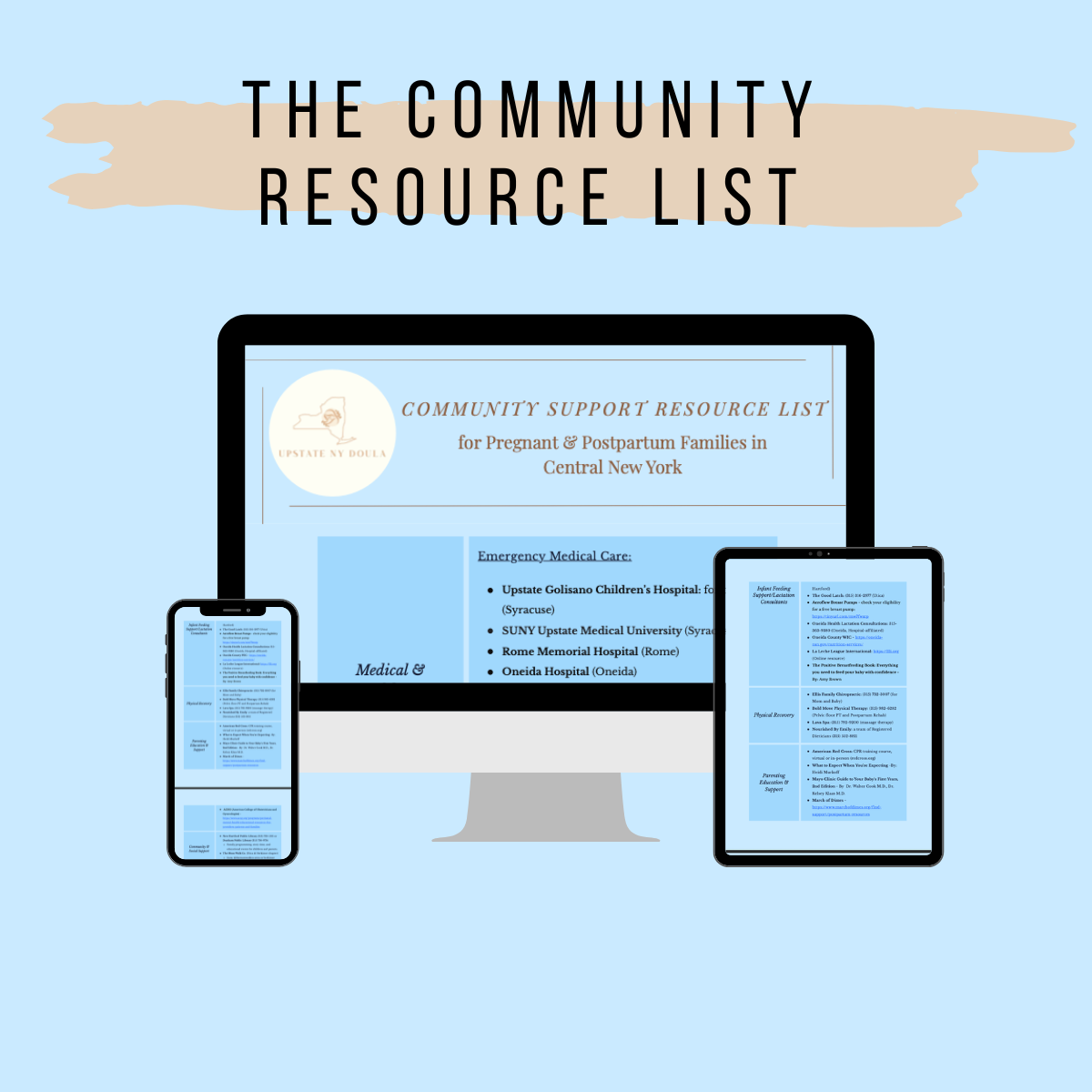 An illustration featuring a computer monitor, tablet, and smartphone displaying a community resource list for pregnant and postpartum families in Central New York, with a light blue background.