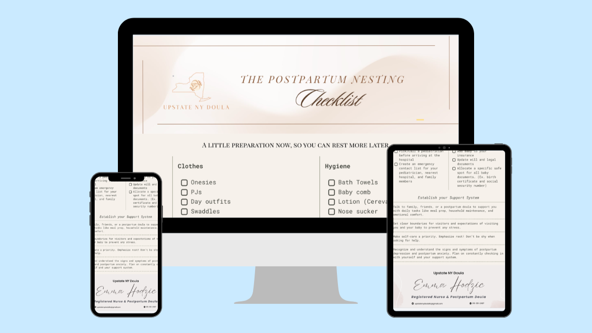 Digital devices displaying a postpartum nesting checklist including items for clothes, hygiene, and support system.