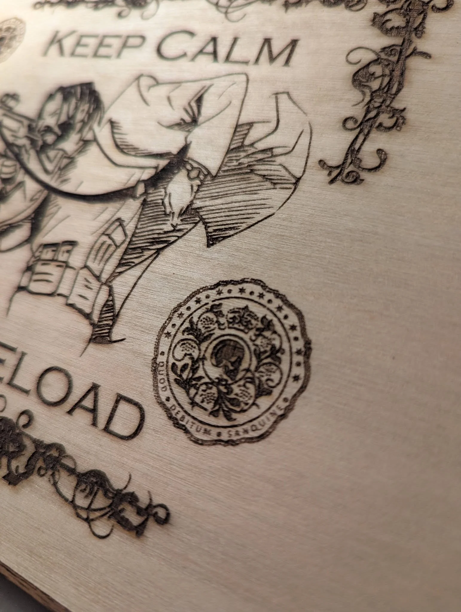 Close-up of a vintage banknote featuring detailed engravings of a clenched fist holding a hammer, decorative scrollwork, and official seals, with the partially visible words 'KEEP CALM' and 'LOAN'.