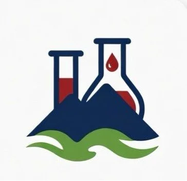 Illustration of three laboratory glassware with red liquid, a mountain, and green landscape elements.
