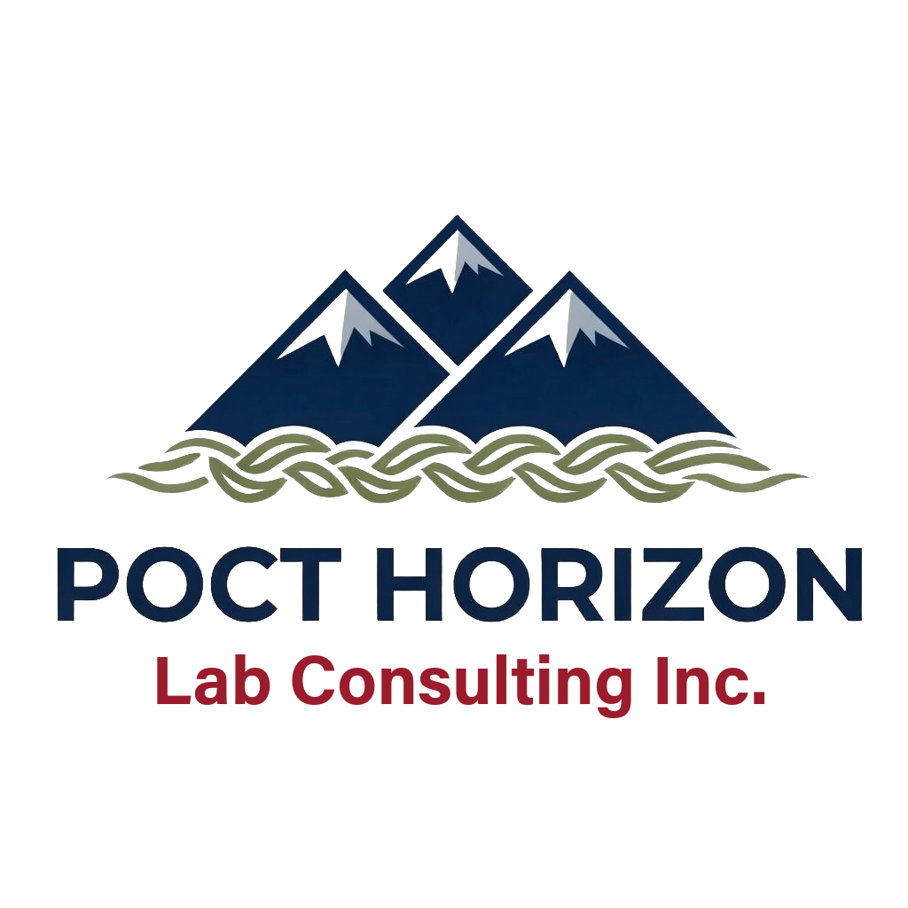 Logo with three blue mountains with snow caps and green waves at the base, topped with the text 'POCT HORIZON' in dark blue and 'Lab Consulting Inc.' in maroon.