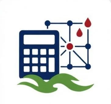 Graphic icon of a calculator and molecular structure with drops of blood, set over a green wavy line.