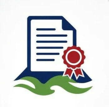 Icon of a document with a red ribbon award at the bottom right, resting on green waves.