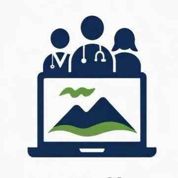 Silhouette of three medical professionals with stethoscopes above a laptop showing a mountain landscape and a river.
