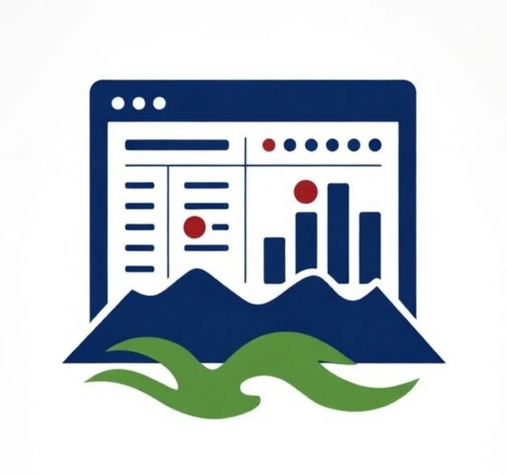 A logo featuring a stylized webpage with graphs and charts in red and blue, set against mountain and green wave graphics.