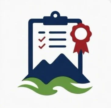 Icon of a clipboard with a mountain and checkmarks, featuring a red ribbon, representing certification or achievement.