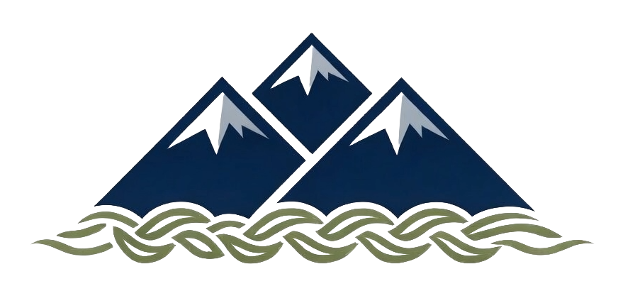 Illustration of three mountains with snow caps and a chain of twisted cables or ropes in front.