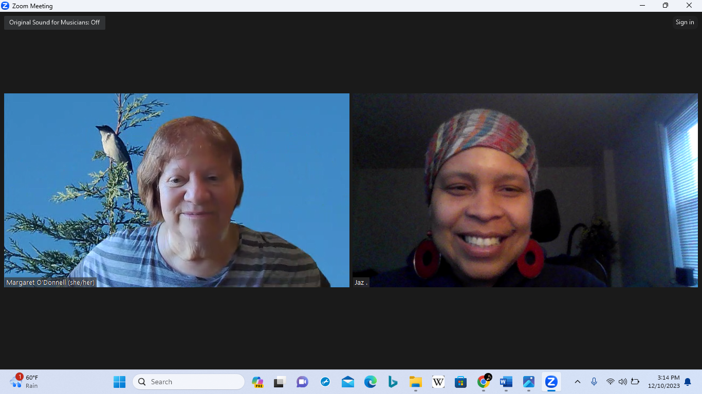 This is a screen capture of a zoom call a woman is having with Jaz, their two smiling faces on the left and the right.
