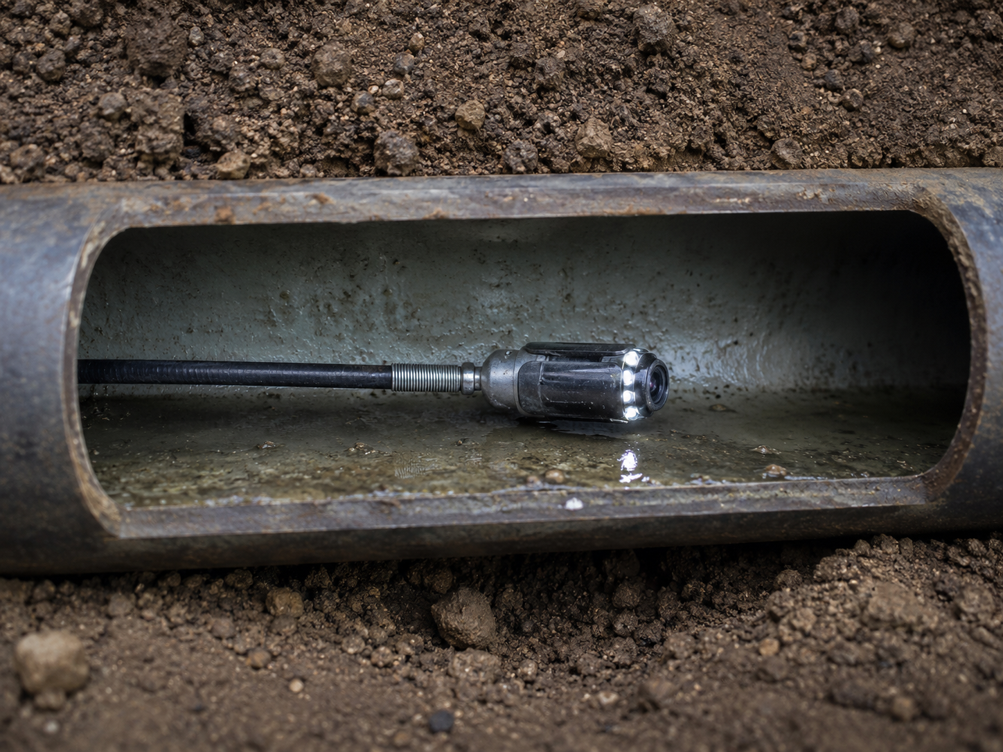 Cross-section of a push camera inspecting a sewer lateral.