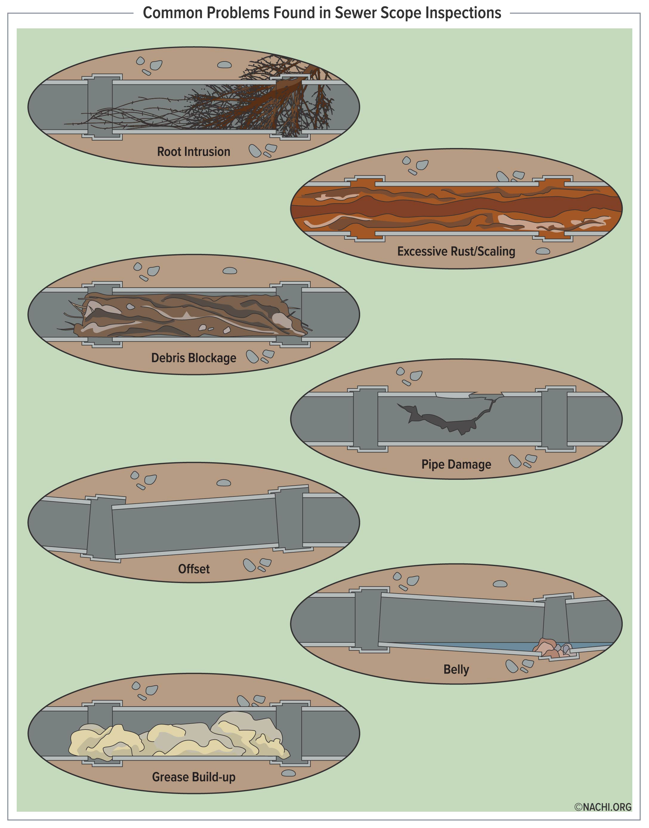 Diagram showing common problems found in sewer scope inspections, including root intrusion, excessive rust or scaling, debris blockage, pipe damage, offset, and belly. Each problem is illustrated with a cross-section of a sewer pipe demonstrating the issue.