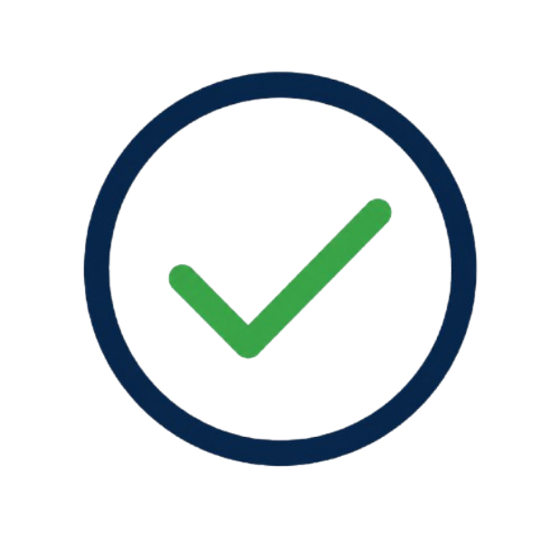 A circular icon with a dark blue border and a green check mark inside.