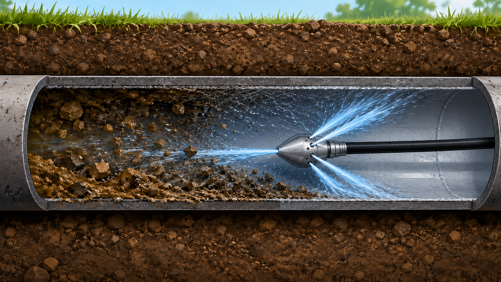 Cross-section of a pipe with a water jet cleaning dirt and debris from inside the pipe underground.