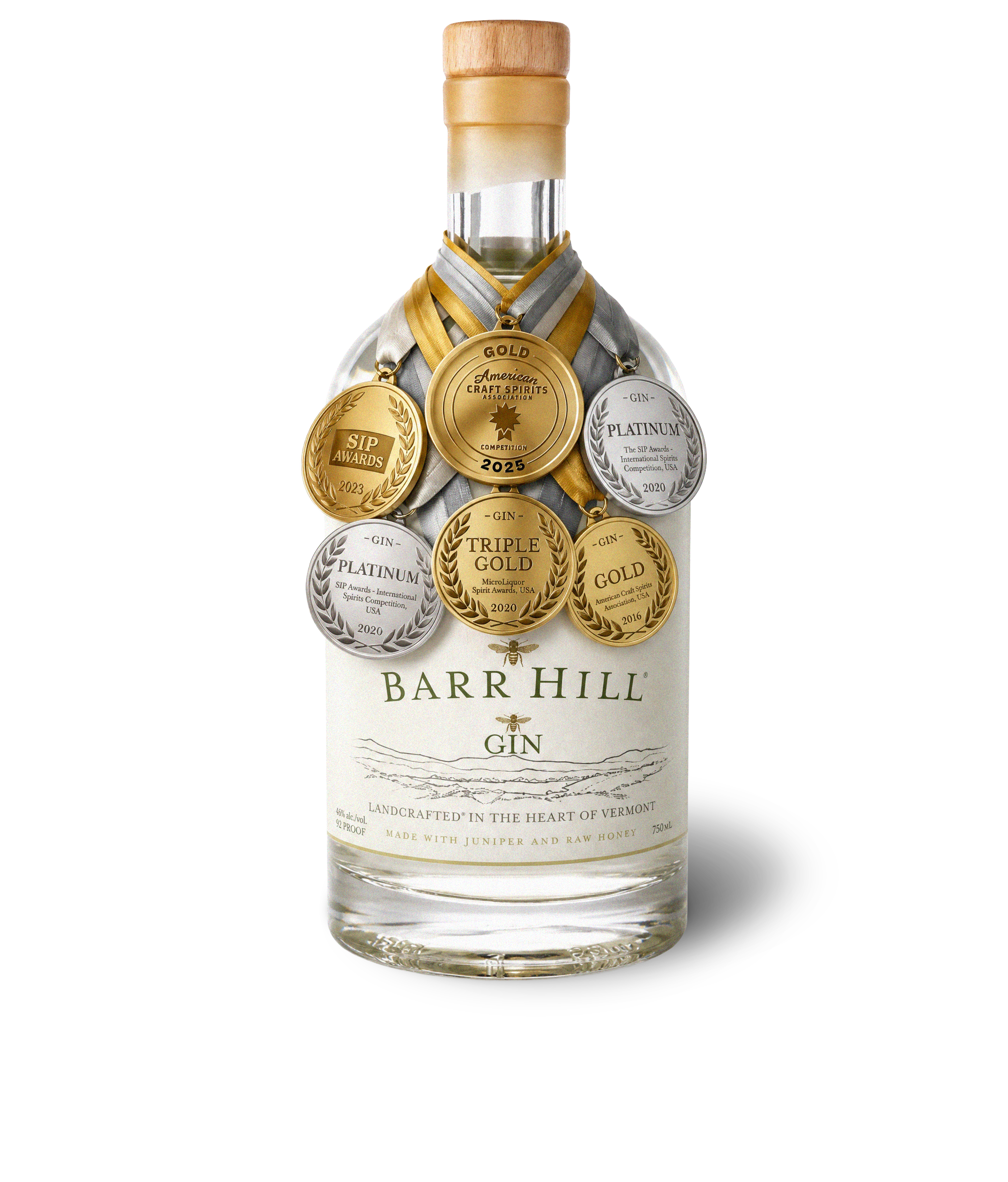 A clear glass bottle of Barr Hill gin with multiple gold, silver, and bronze medals hanging around its neck, awarded for various spirits competitions between 2016 and 2025.