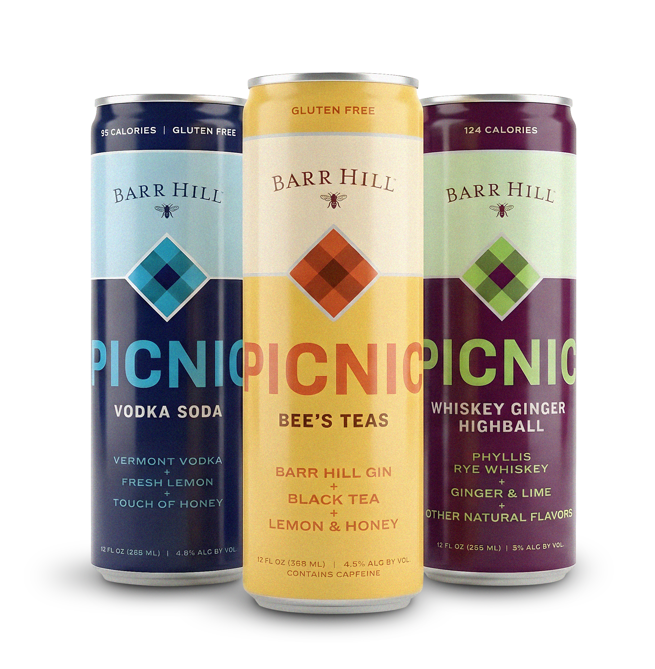 Three cans of Barr Hill alcoholic beverages with different flavors and ingredients, featuring colorful diamond patterns on the labels.