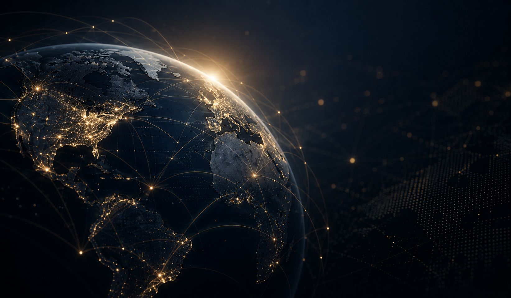 Digital rendering of Earth showing illuminated cities and global network connections at sunset.