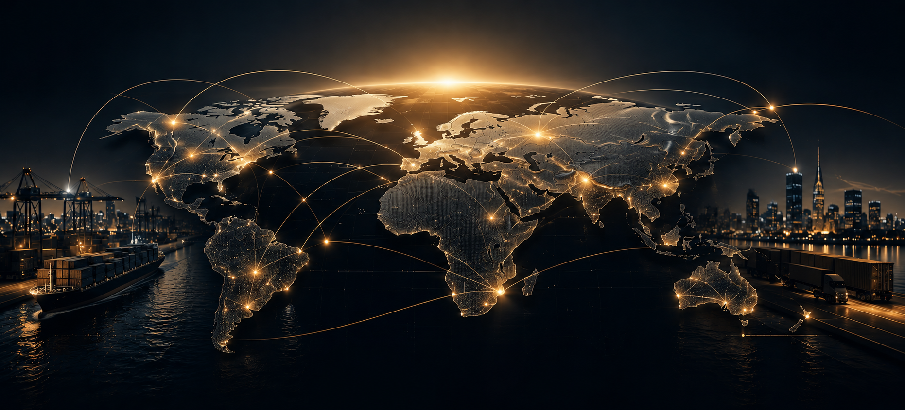 A digital representation of a world map overlaid on a cityscape at night, with illuminated connecting lines between continents, symbolizing global communication or technology networks.