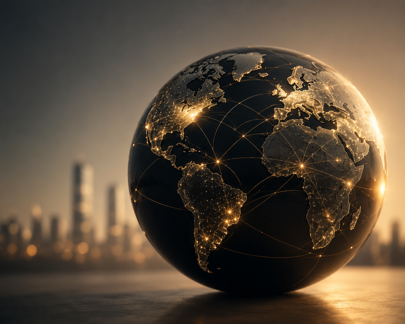 A digital globe showing a black and gold map of the world with illuminated city lights and connecting lines, set against a blurred cityscape at sunset.
