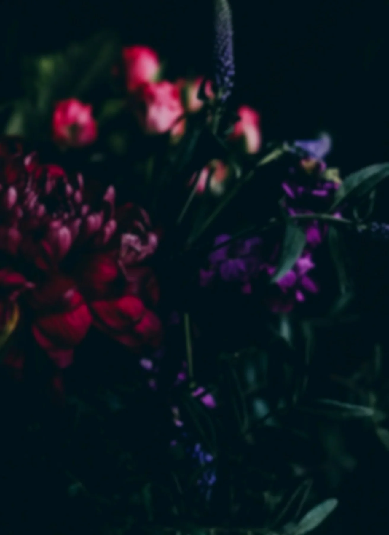 Blurred image of a bouquet of pink and purple flowers against a dark background.