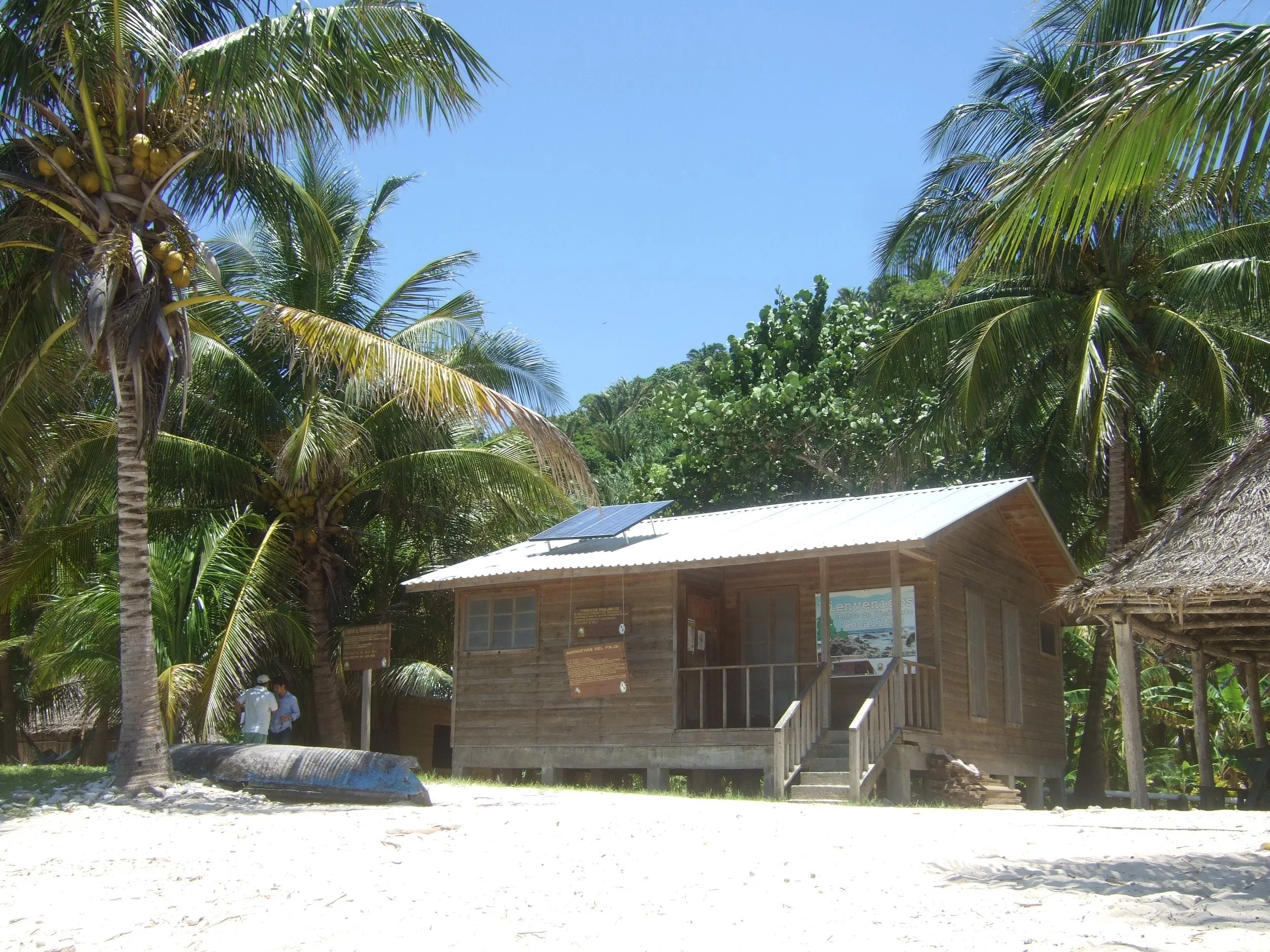 A wooden hut with a metal roof and solar panel is surrounded by palm trees and green foliage. Two people are standing near the hut, and there are signs on the hut's wall. The scene appears to be tropical and sunny.