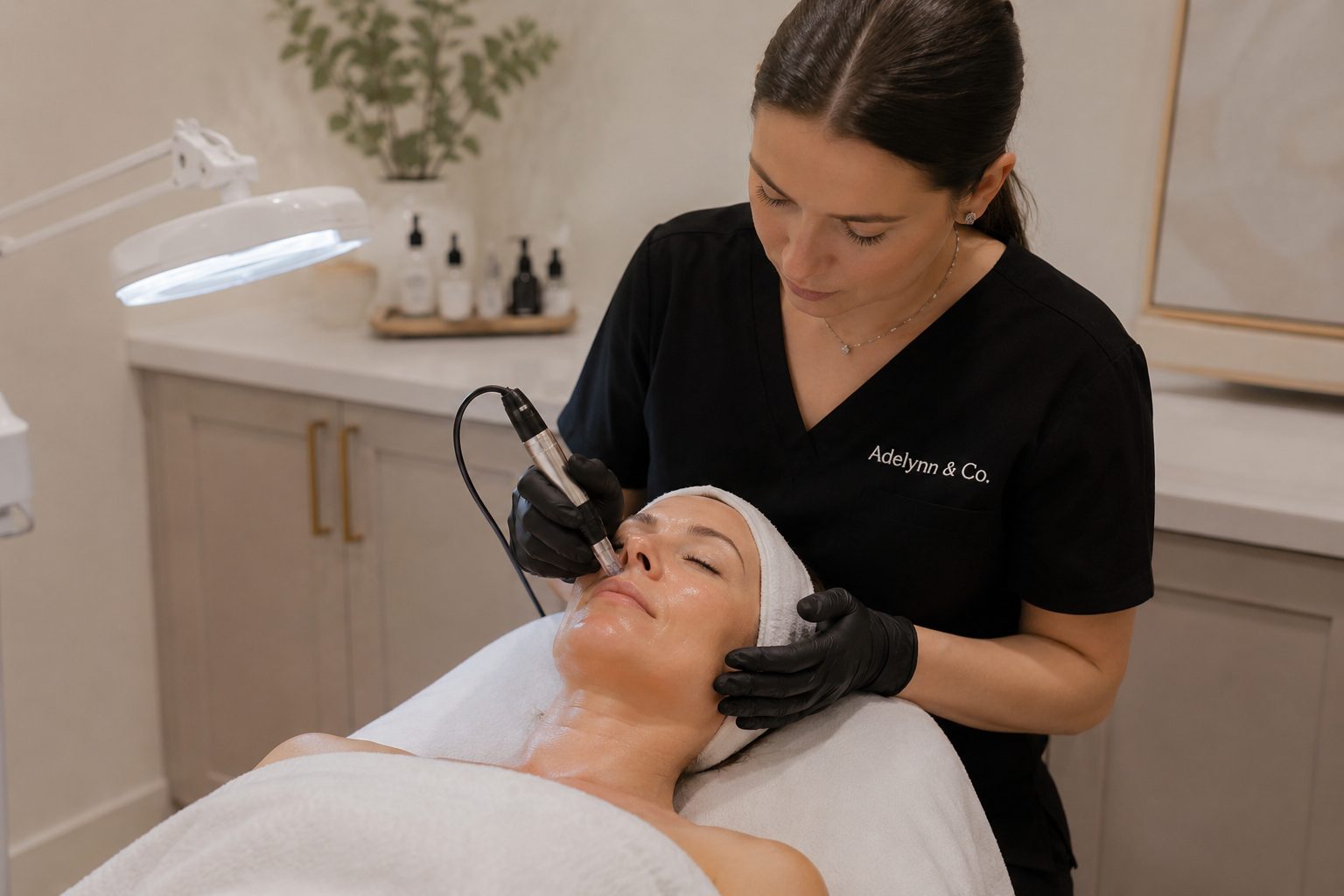 A woman lying on a treatment bed receiving a facial treatment from a professional in a spa or clinic setting.