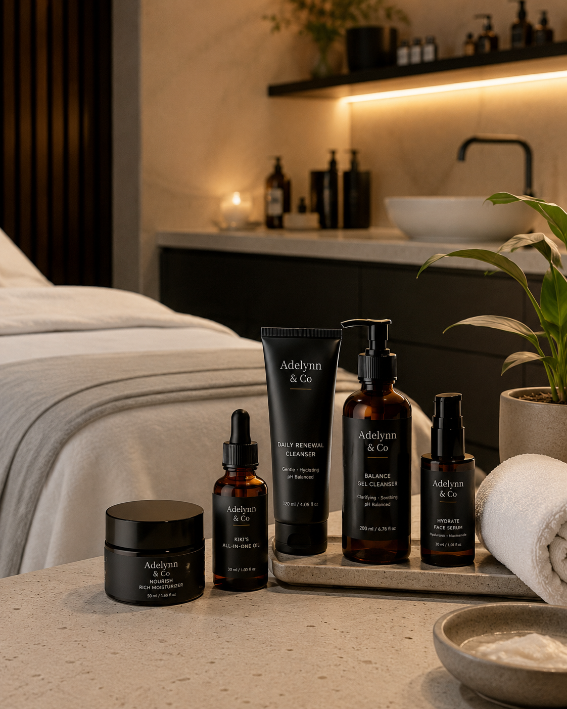 A collection of Adelynn & Co skincare products, including moisturizer, face oil, cleanser, gel cleanser, and face serum, arranged on a tray in a modern, cozy bedroom with a bed, plant, and bathroom sink in the background.