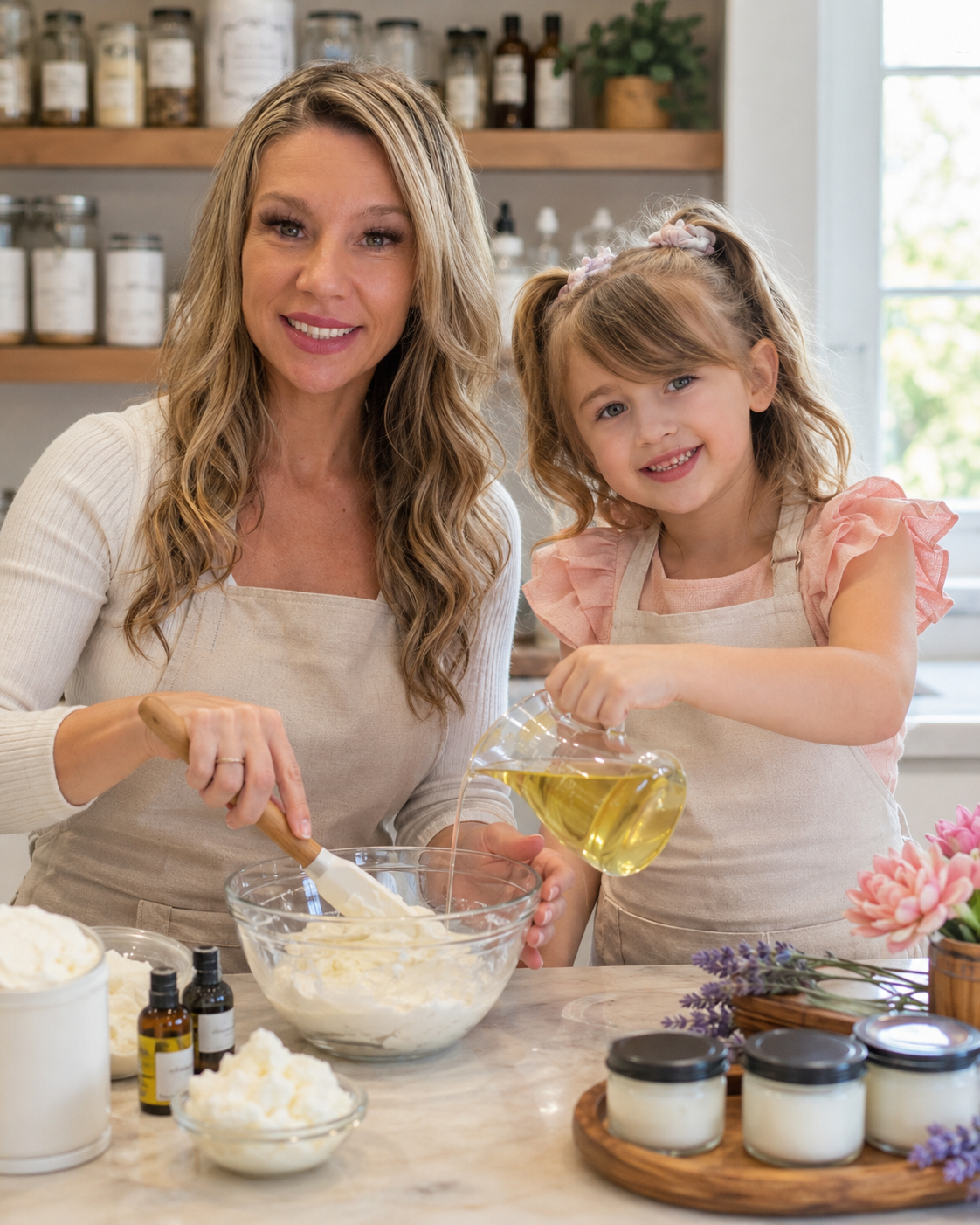 A woman and young girl baking together in a bright kitchen. The woman is mixing ingredients in a large glass bowl, while the girl is pouring oil into the bowl. Various baking ingredients and flowers are on the marble countertop.