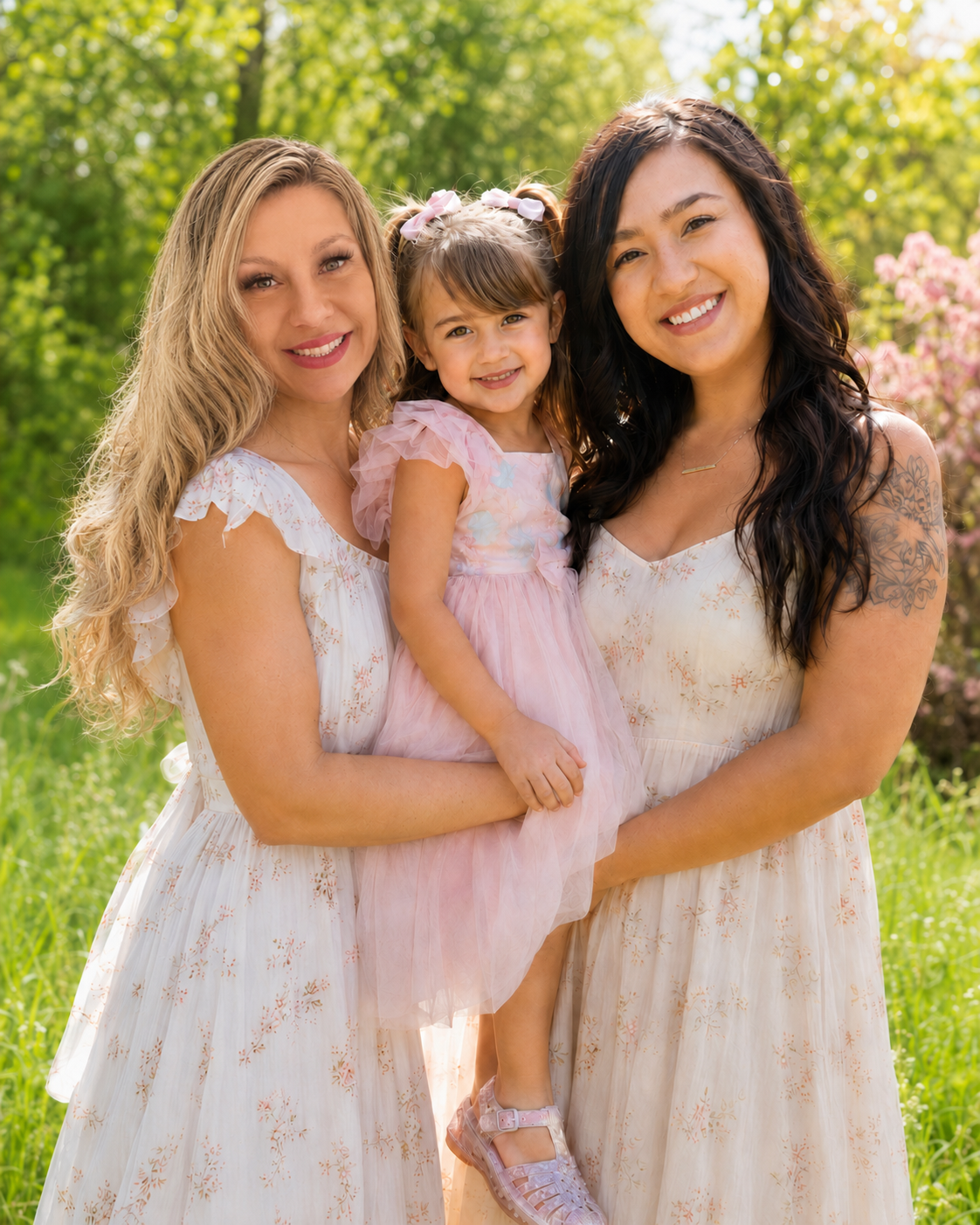 Two women and a young girl posing outdoors in a park with greenery and pink flowers in the background, all smiling and dressed in light-colored dresses.