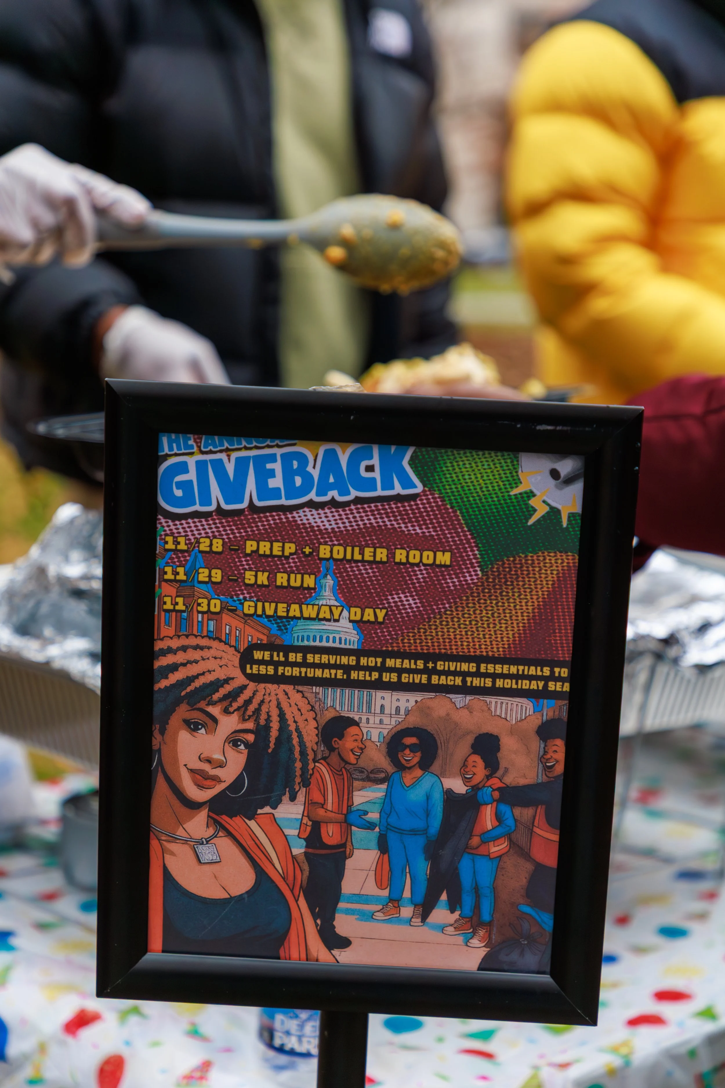Colorful flyer advertising holiday events and activities, including a prep and boiler room event on November 28, a 5K run on November 29, and a giveaway day on November 30, with an illustration of diverse people smiling and talking.