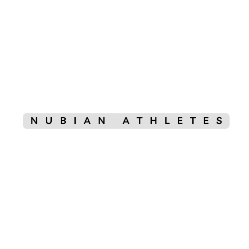 Logo with the words NUBIAN ATHLETES across the center and large stylized letters 'N' and 'A' in the background on a black background.