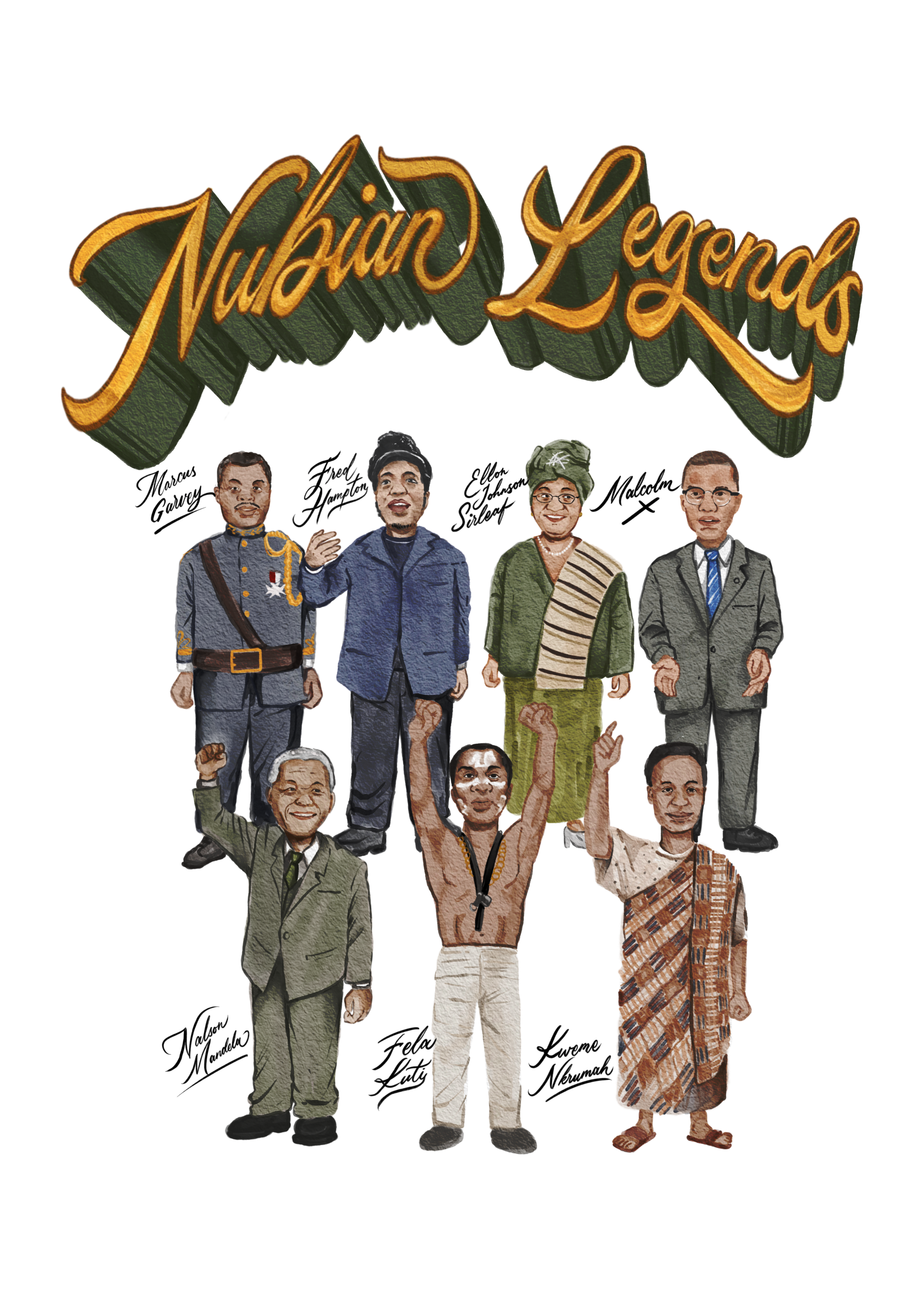 Illustration of four prominent Filipino historical figures standing beneath a sign that reads 'Nubian Legends' in stylized lettering, with three individuals standing behind and two below, each labeled with their names in cursive.