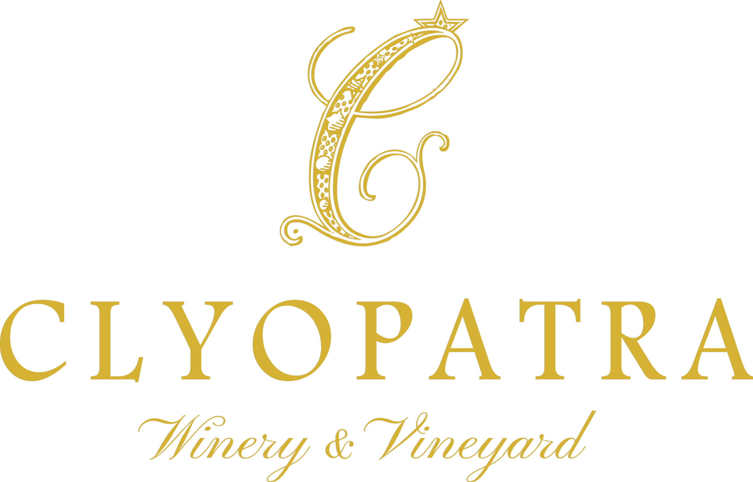 Black and gold logo with a decorative letter "C" and the text "CLYOPATRA Winery & Vineyard".