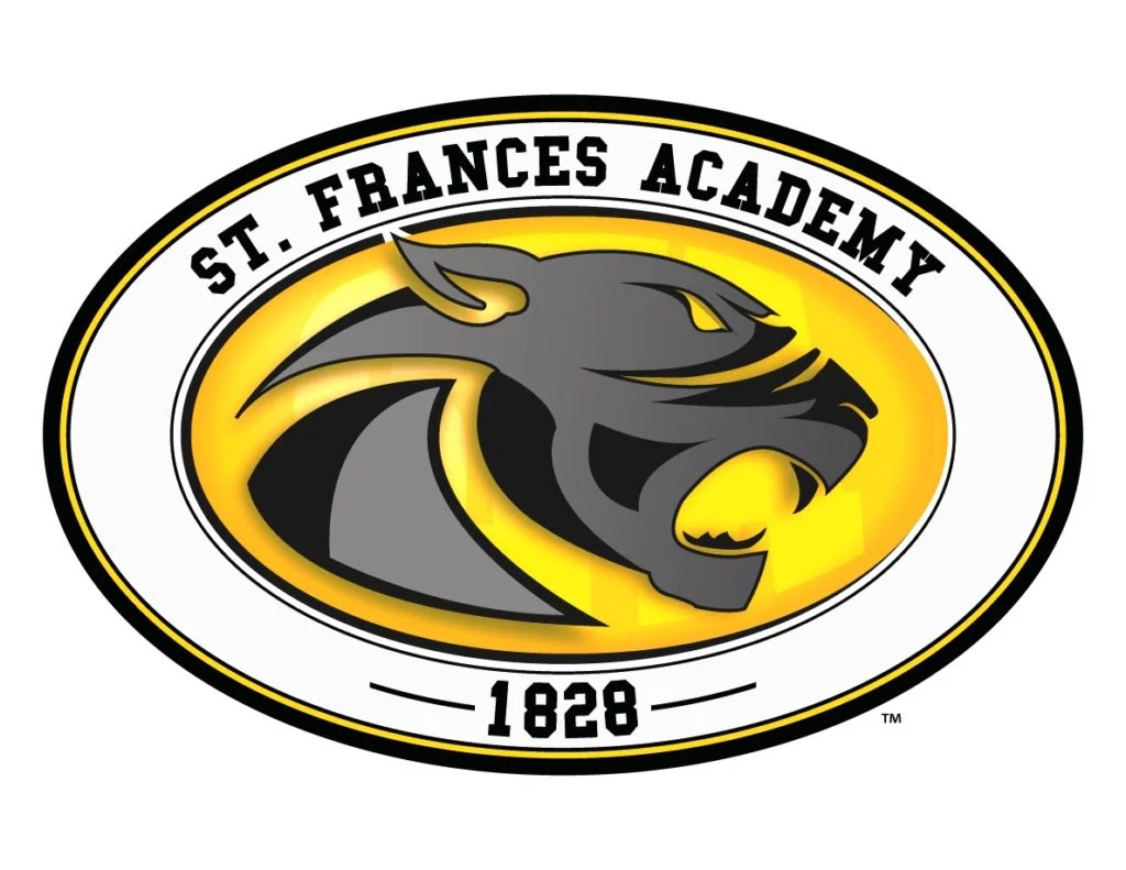 Logo of St. Frances Academy featuring a black panther head, with the text "St. Frances Academy" above and the year "1828" below, in black and yellow colors.