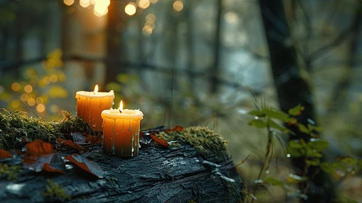 Three lit candles placed on a moss-covered log in a forest setting with blurred background.