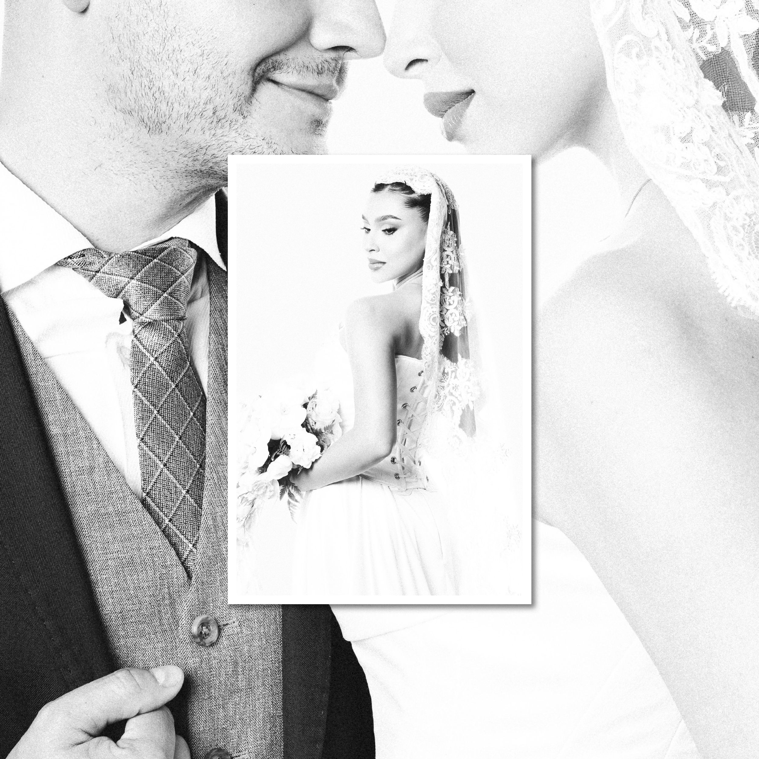 Close-up of a couple touching noses, with a small inset photo of a woman in a lace veil, all in black and white.