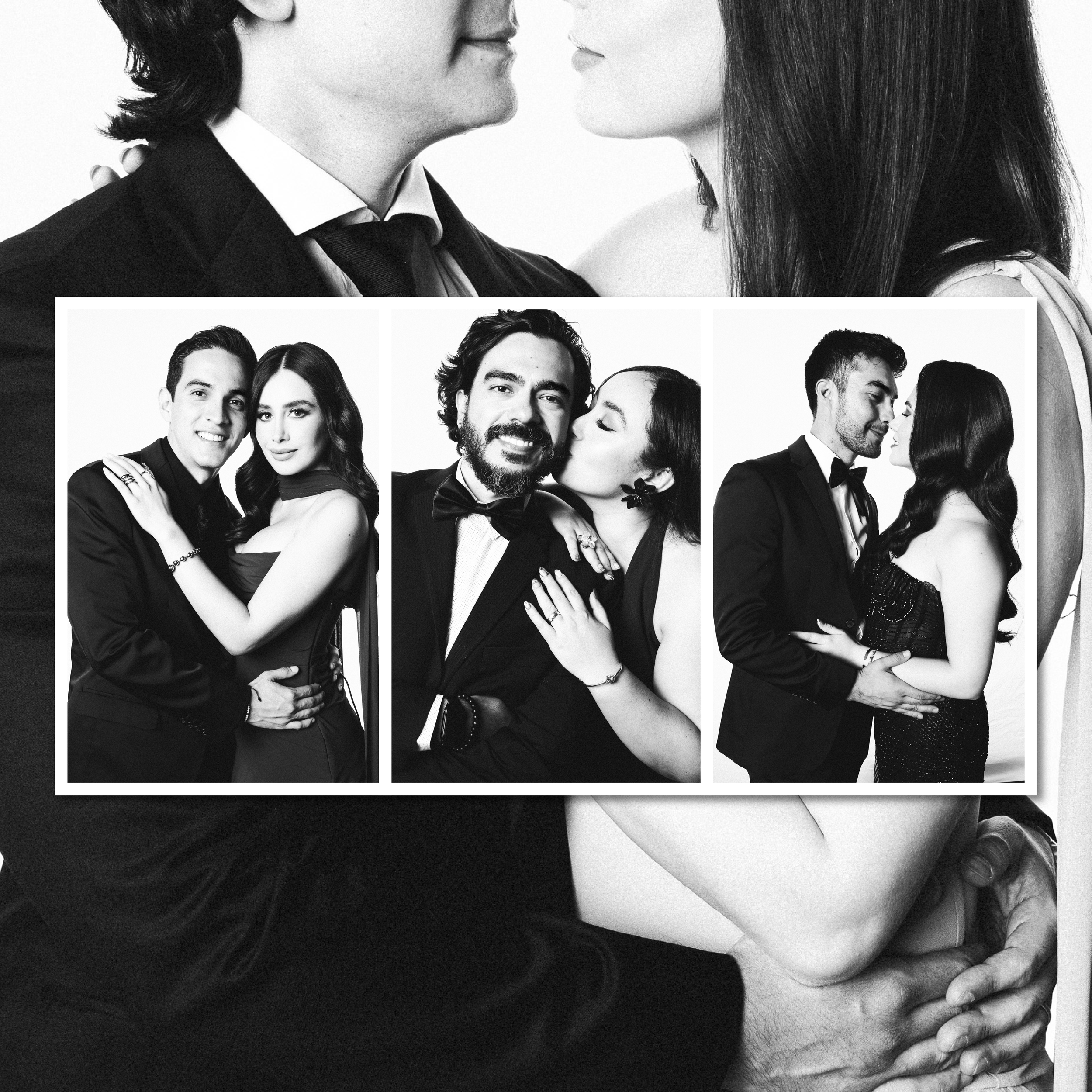 A black-and-white photo of a man and woman facing each other closely, about to kiss, with the woman gently holding the man's shoulder and his hand resting on her arm.