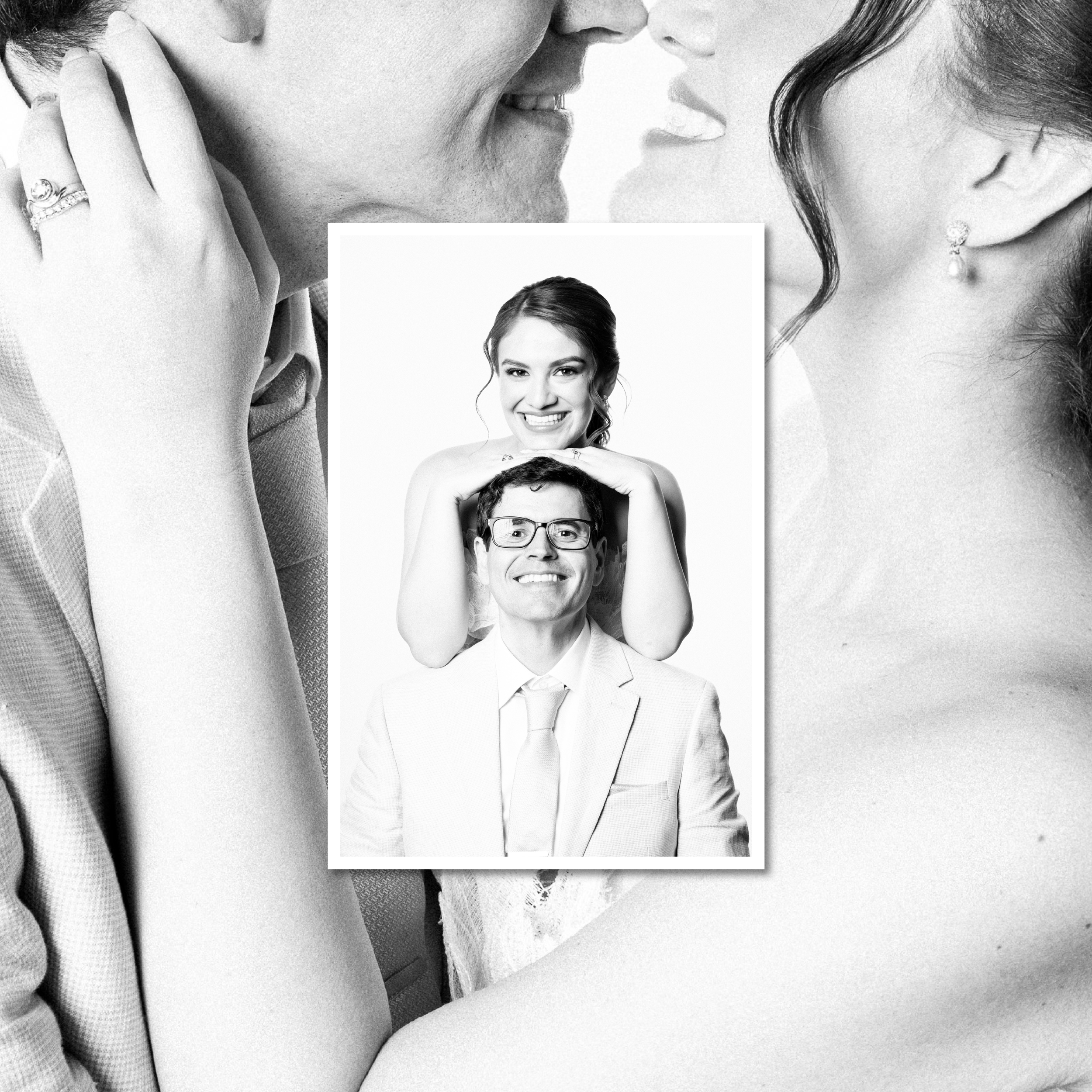 Close-up black and white photo of a man and woman with their faces close, smiling, and touching each other's cheek. The woman has earrings, and the man has his hand on her neck. A small inset photo shows the woman smiling with her hands on her head, wearing a strapless top.