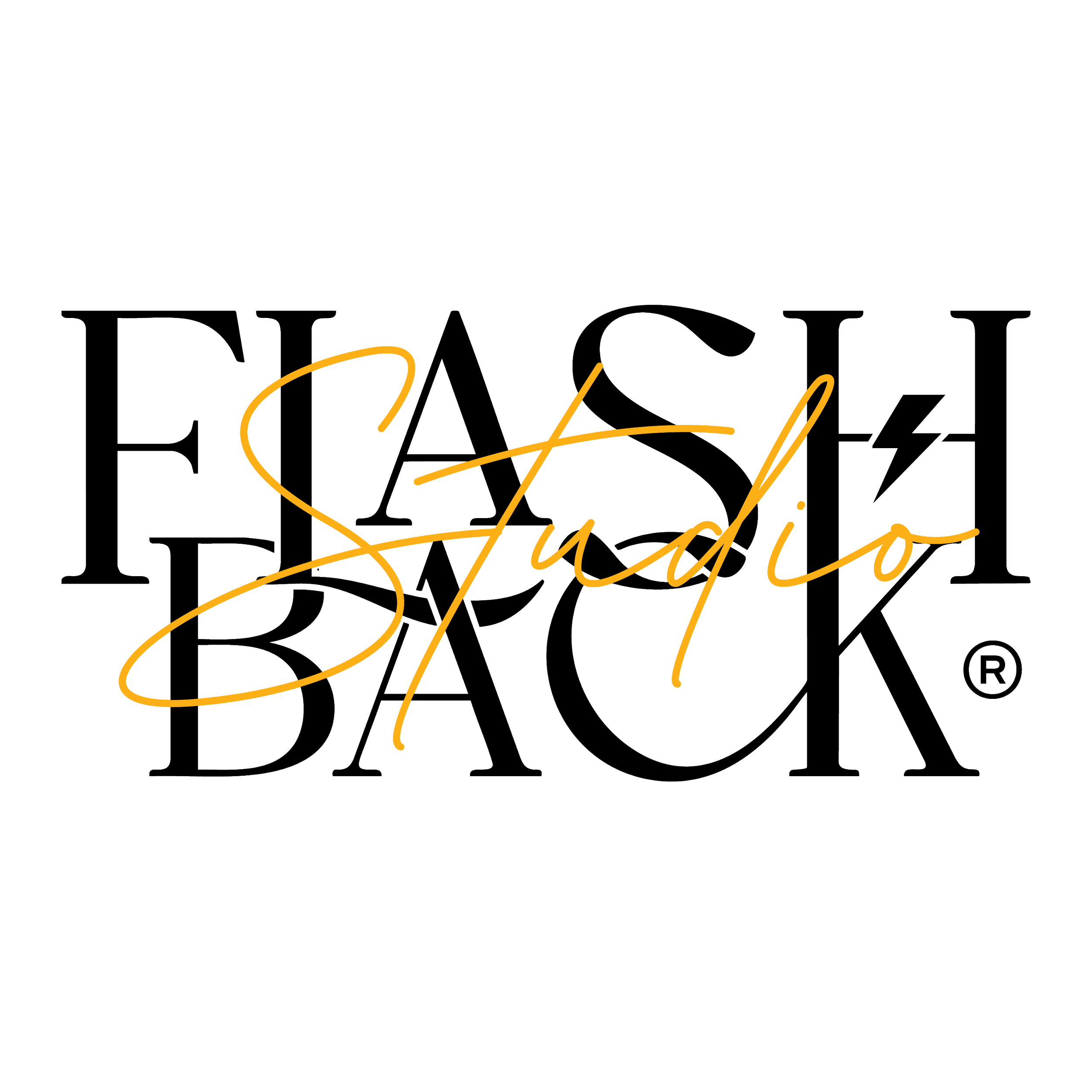Close-up of logo with black background and white and orange stylized text.