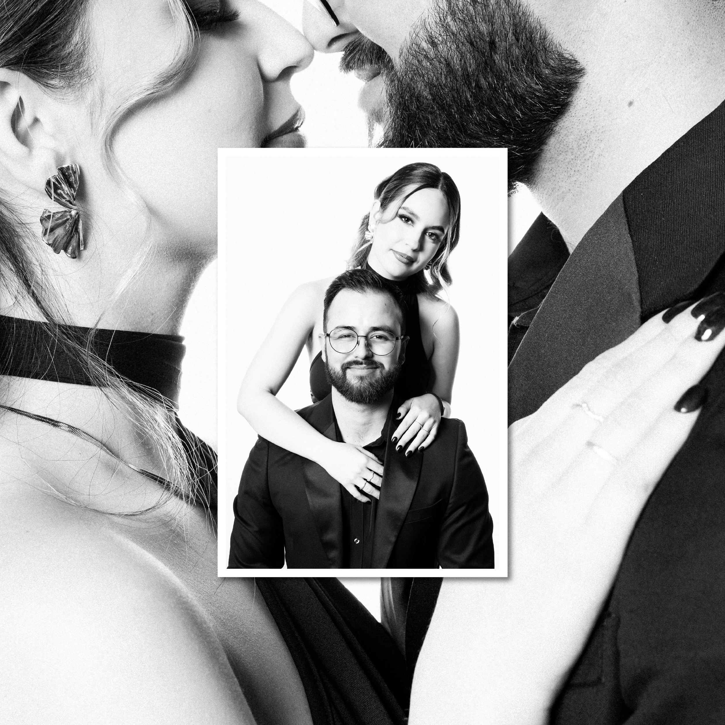 Black and white photo of a woman and man with their foreheads touching, close-up of their faces. Inset of a woman with wavy hair and a man with glasses, smiling.