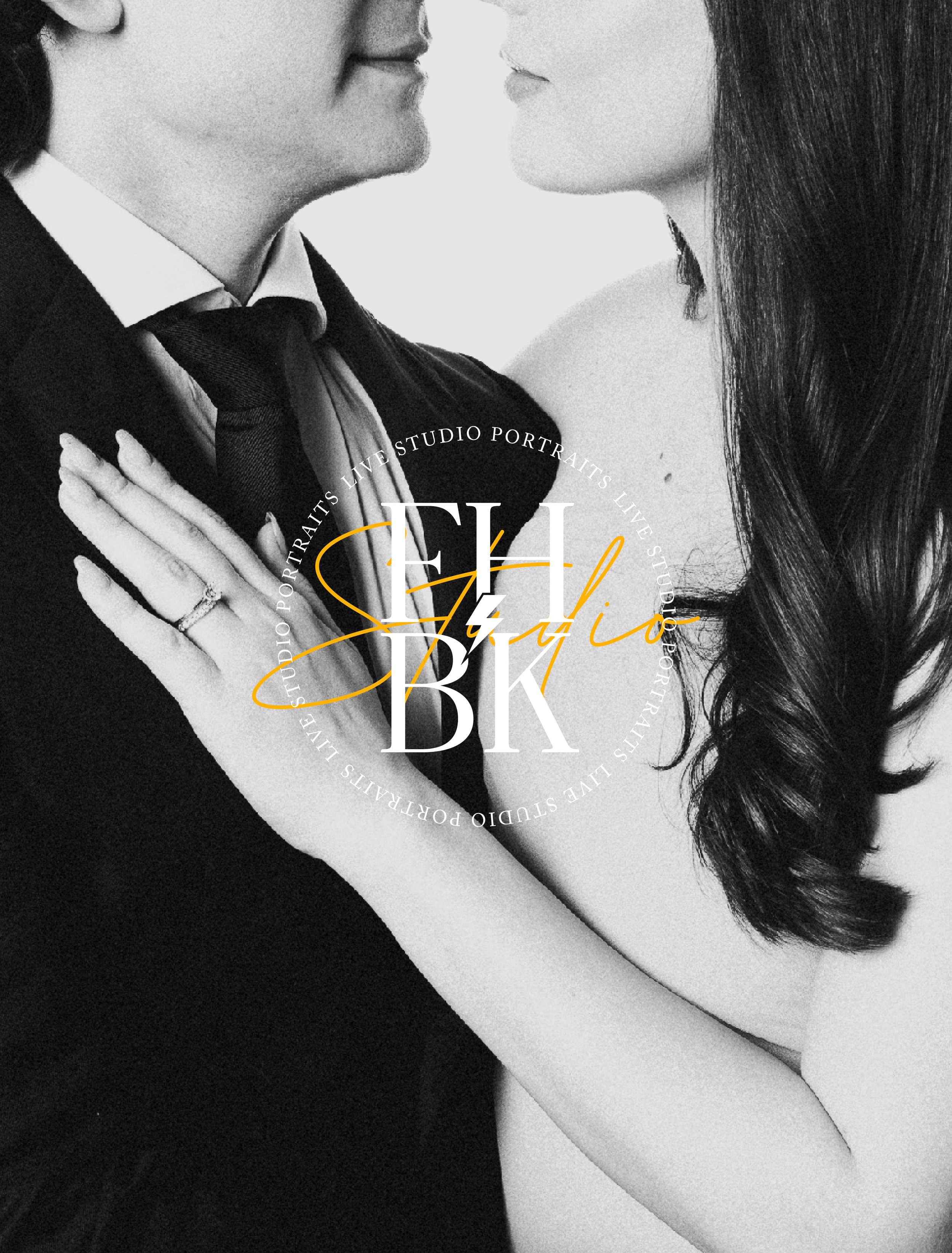 Close-up of a man and woman facing each other, with the man's hand resting on the woman's shoulder, both smiling slightly. The image is in black and white with a circular overlay of text.