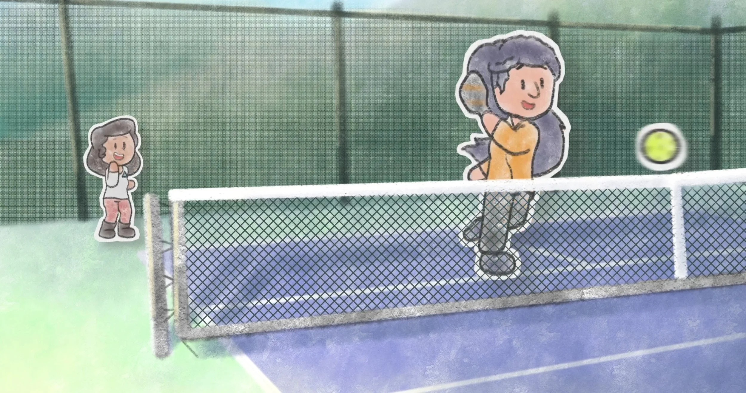 Illustrated characters on a tennis court, with one person playing tennis and a spectator watching, all depicted in a cartoon style.