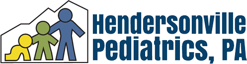 Logo for Hendersonville Pediatrics, PA featuring stylized icons of two children and an adult inside a house outline.