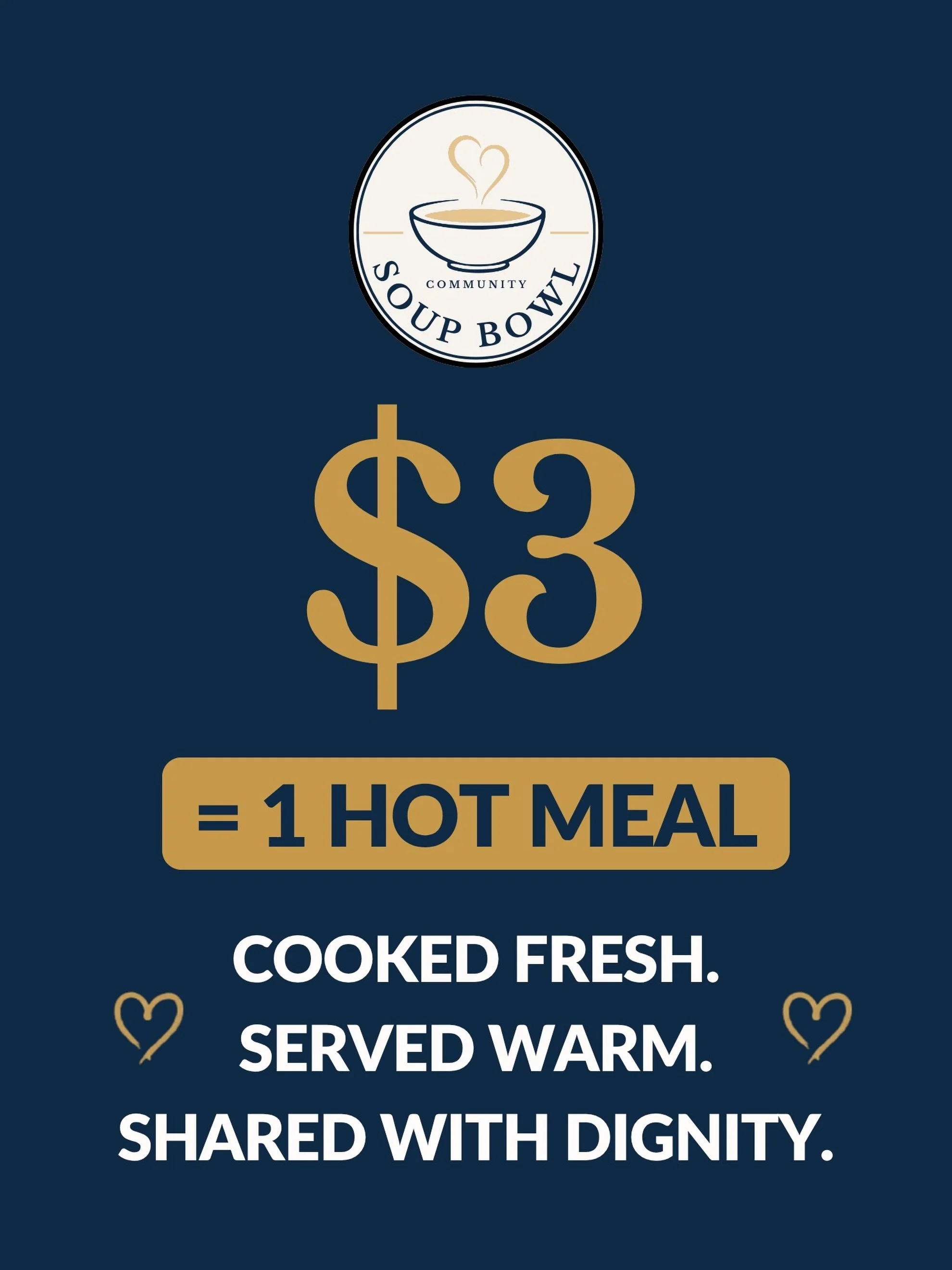 We want to tell you something about $3.

$3 is a hot meal. Cooked fresh, served warm, eaten with dignity. No judgment. Just food for whoever walks through our doors.

$12 feeds four neighbors this week. $30 feeds ten. $100 puts more than 33 hot meals